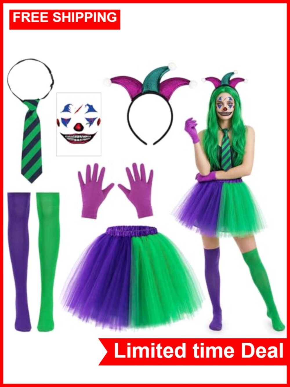 5-Piece Halloween Clown Costume Accessory Set for Women Cosplay